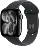 Apple Watch Series 11 GPS, Caixa em alumínio preto brilhante de 46 mm com Bracelete desportiva preta - M/G